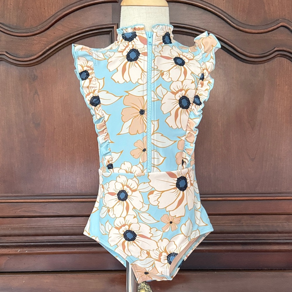 Girls Floral One Piece Swimsuit UPF 50+ Size 5/6 Ruffle Zip Front